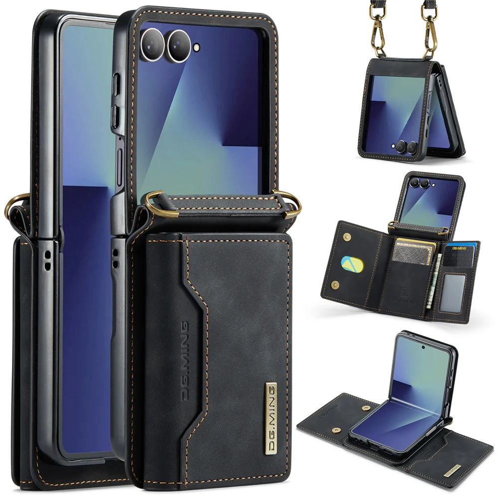 DG.MING M2 Series for Samsung Galaxy Z Flip7 5G Case PU + PC Phone Cover with Detachable Card Bag / Should Strap - Black