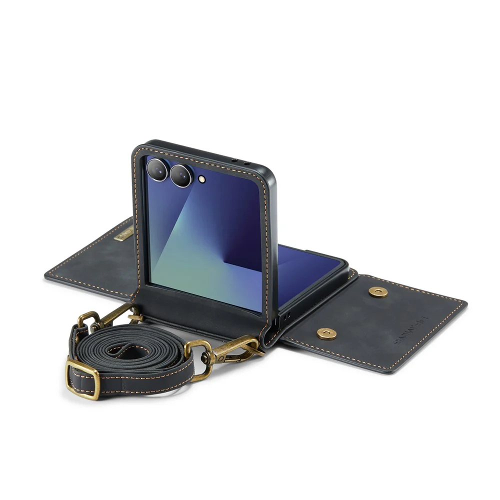 DG.MING M2 Series for Samsung Galaxy Z Flip7 5G Case PU + PC Phone Cover with Detachable Card Bag / Should Strap - Black - Image 7