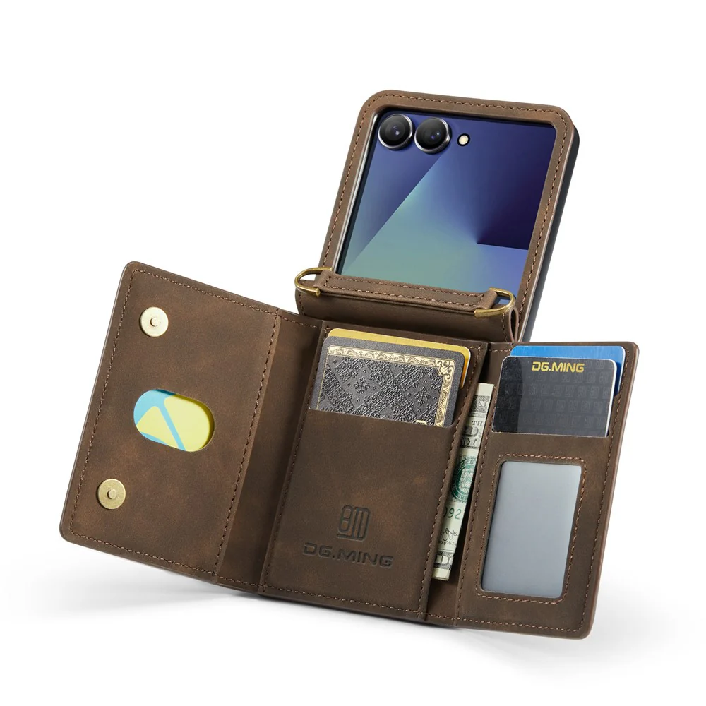DG.MING M2 Series for Samsung Galaxy Z Flip7 5G Case PU + PC Phone Cover with Detachable Card Bag / Should Strap - Coffee - Image 5