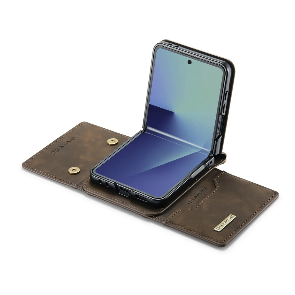DG.MING M2 Series for Samsung Galaxy Z Flip7 5G Case PU + PC Phone Cover with Detachable Card Bag / Should Strap - Coffee - Image 6