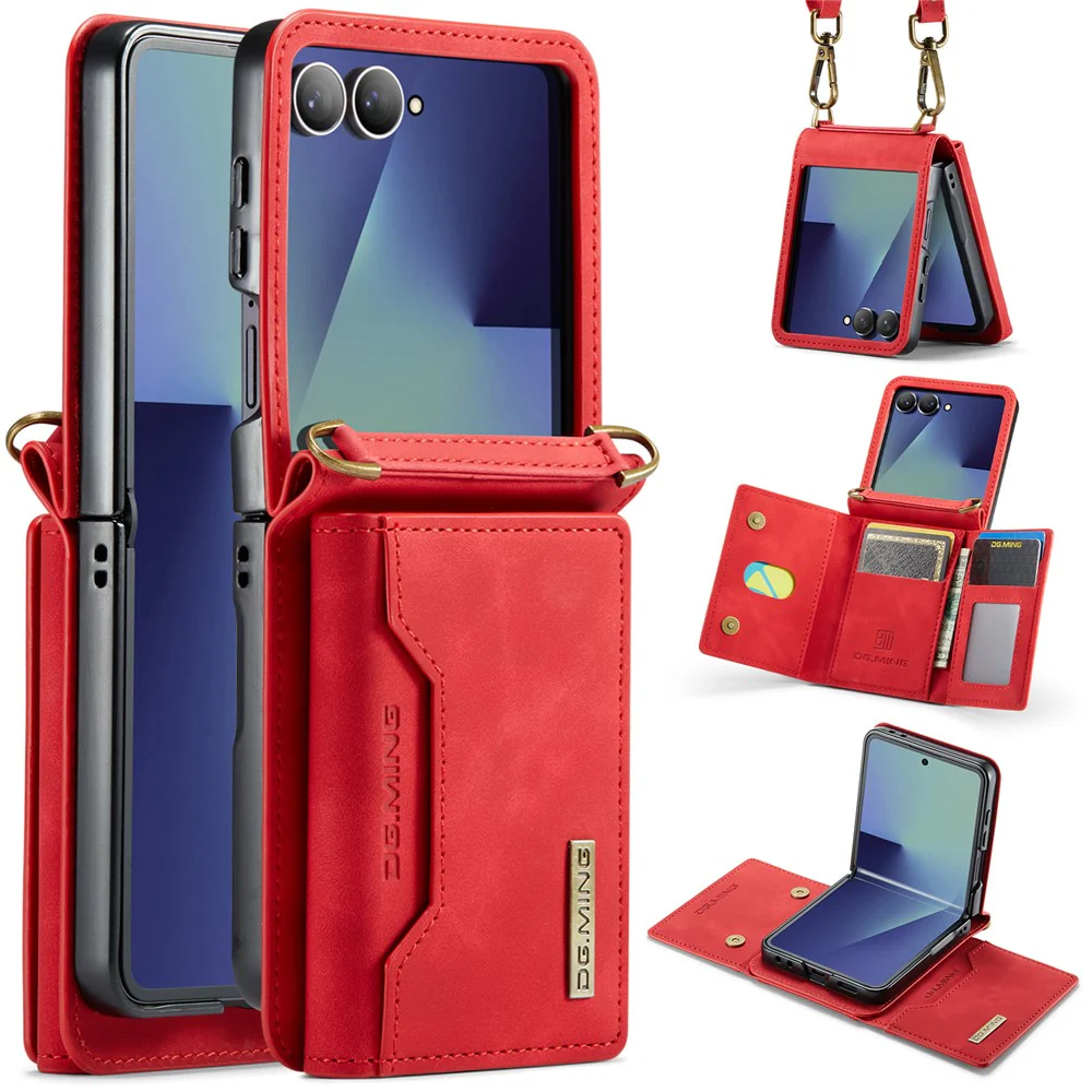 DG.MING M2 Series for Samsung Galaxy Z Flip7 5G Case PU + PC Phone Cover with Detachable Card Bag / Should Strap - Red