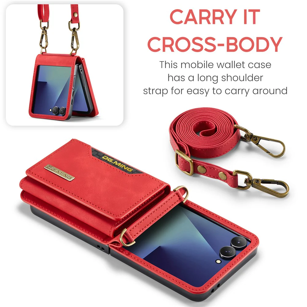 DG.MING M2 Series for Samsung Galaxy Z Flip7 5G Case PU + PC Phone Cover with Detachable Card Bag / Should Strap - Red - Image 8