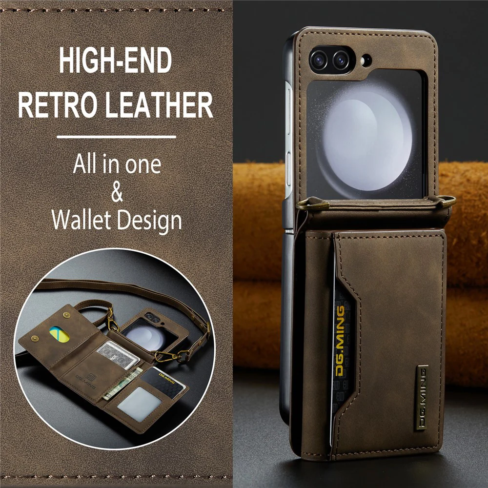 DG.MING M2 Series for Samsung Galaxy Z Flip7 FE 5G / Z Flip6 5G Case PU+PC Phone Cover with Wallet, Strap - Coffee - Image 5
