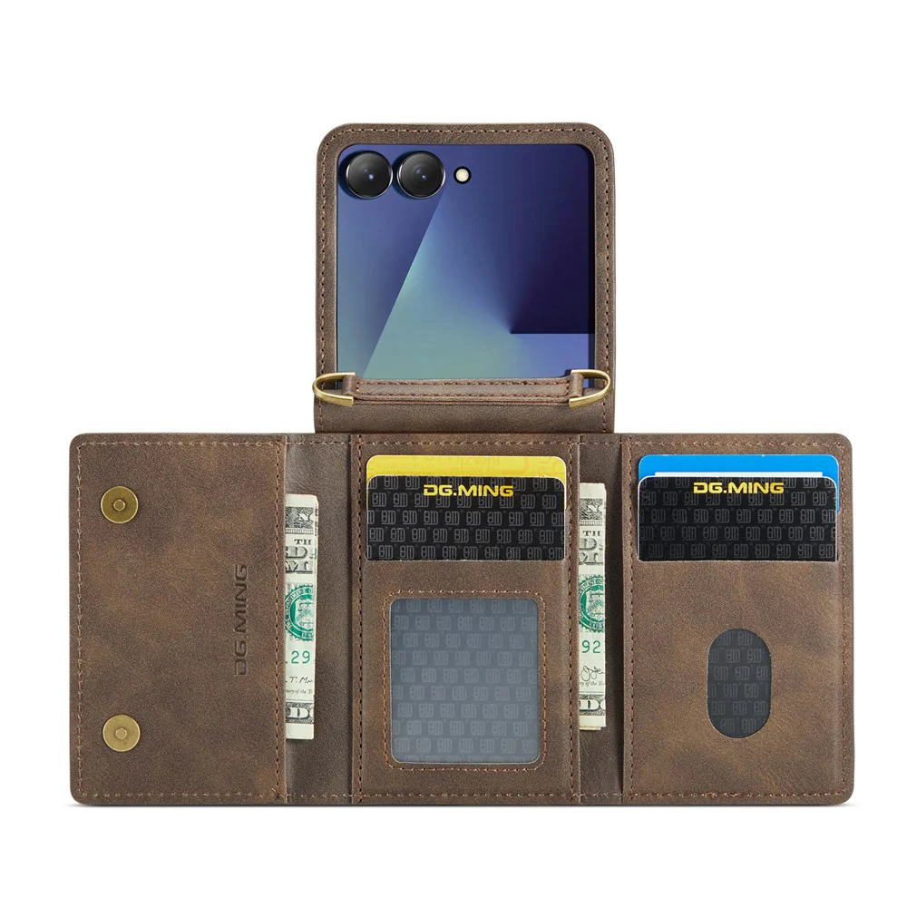 DG.MING M5 Series for Samsung Galaxy Z Flip7 5G Case RFID Blocking Card Slots Leather + PC Phone Cover - Coffee - Image 2