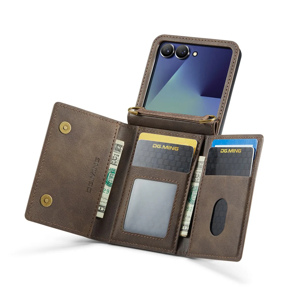 DG.MING M5 Series for Samsung Galaxy Z Flip7 5G Case RFID Blocking Card Slots Leather + PC Phone Cover - Coffee - Image 5
