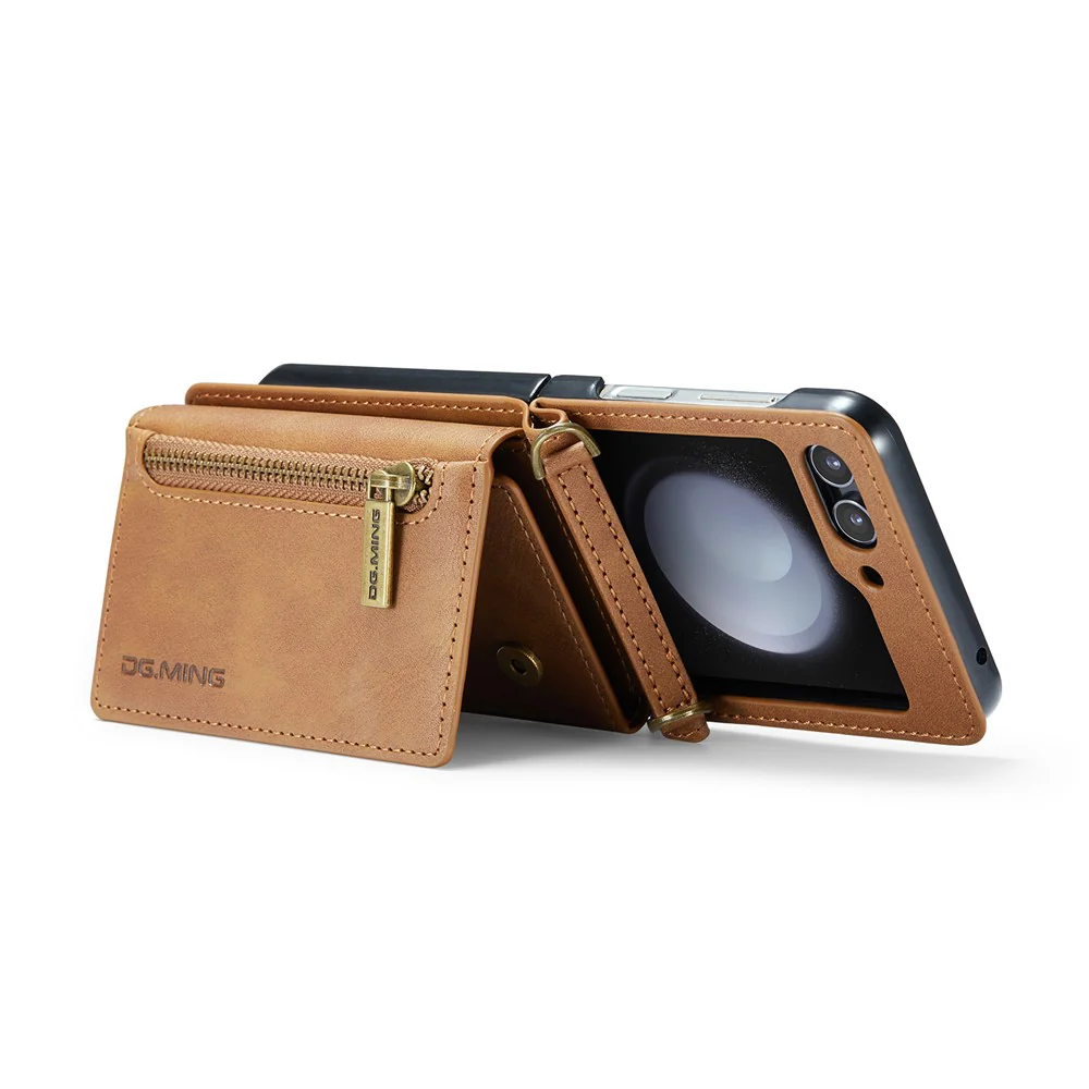 DG.MING M5 Series for Samsung Galaxy Z Flip7 FE 5G / Z Flip6 5G Case RFID Blocking Card Slots PU+PC Phone Cover - Brown - Image 3