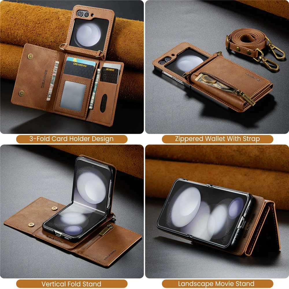 DG.MING M5 Series for Samsung Galaxy Z Flip7 FE 5G / Z Flip6 5G Case RFID Blocking Card Slots PU+PC Phone Cover - Brown - Image 7