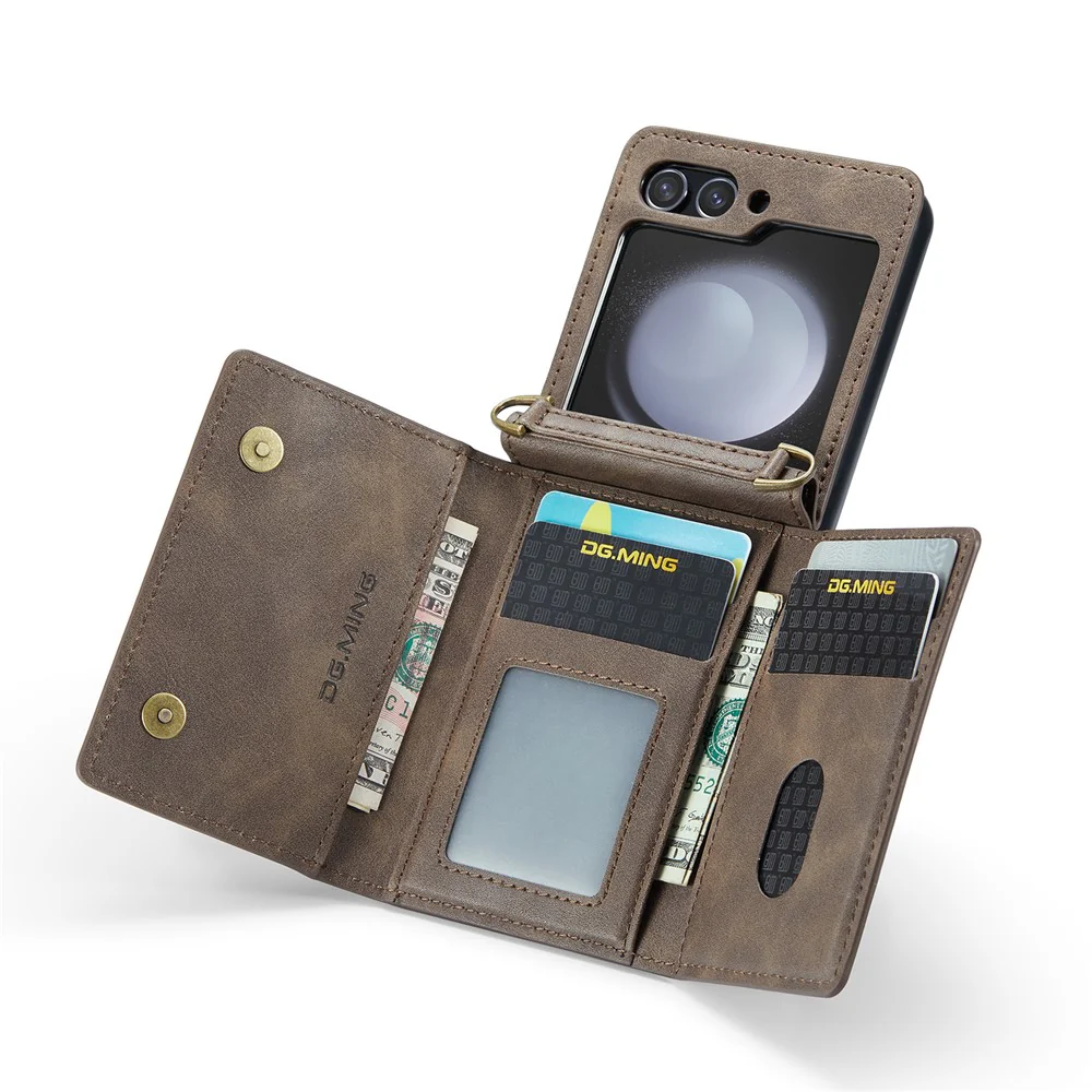 DG.MING M5 Series for Samsung Galaxy Z Flip7 FE 5G / Z Flip6 5G Case RFID Blocking Card Slots PU+PC Phone Cover - Coffee - Image 2