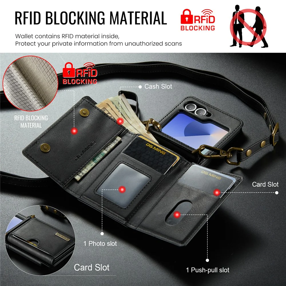 DG.MING M6 Series For Samsung Galaxy Z Flip6 5G / Z Flip7 FE 5G Foldable Case PU + PC Phone Cover with Wallet / Shoulder Strap - Black - Image 5