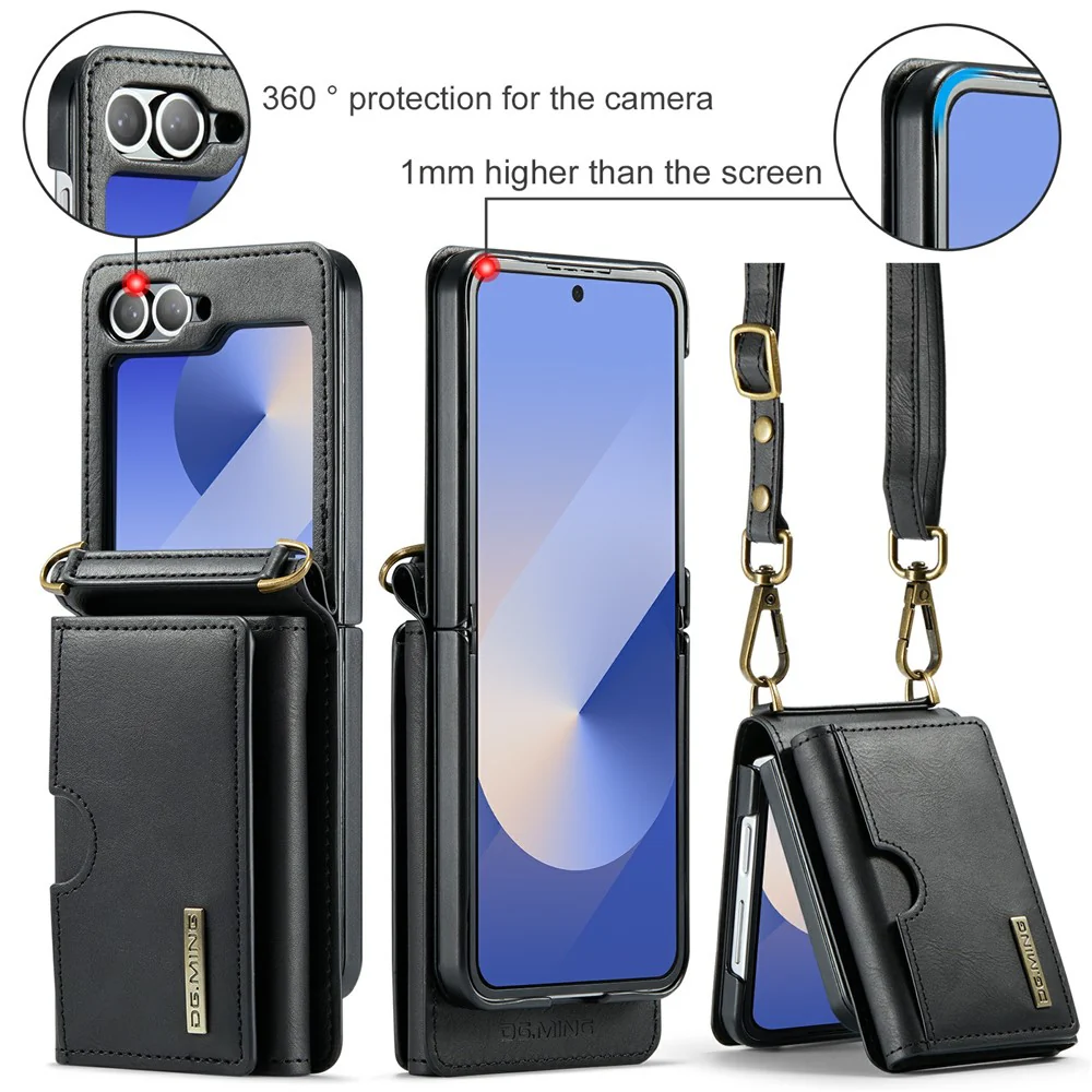 DG.MING M6 Series For Samsung Galaxy Z Flip6 5G / Z Flip7 FE 5G Foldable Case PU + PC Phone Cover with Wallet / Shoulder Strap - Black - Image 7