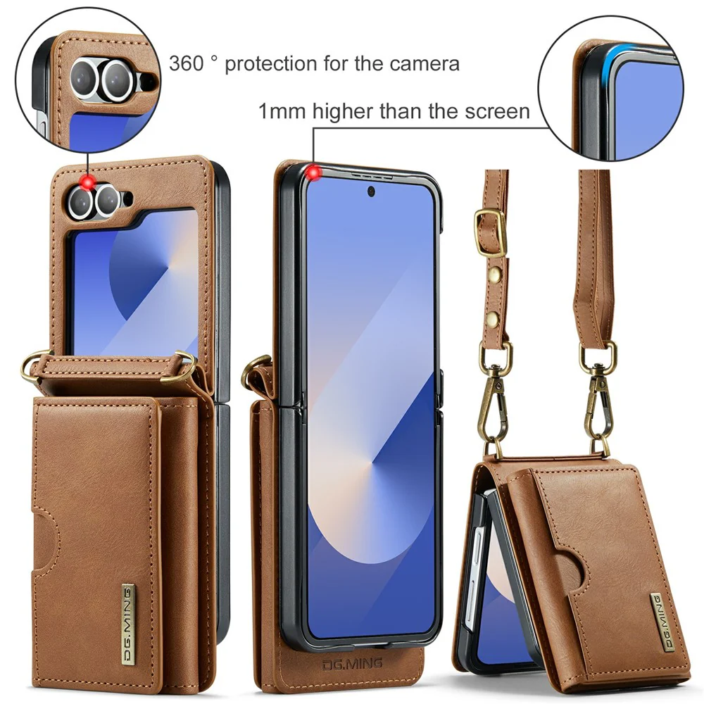 DG.MING M6 Series For Samsung Galaxy Z Flip6 5G / Z Flip7 FE 5G Foldable Case PU + PC Phone Cover with Wallet / Shoulder Strap - Brown - Image 7
