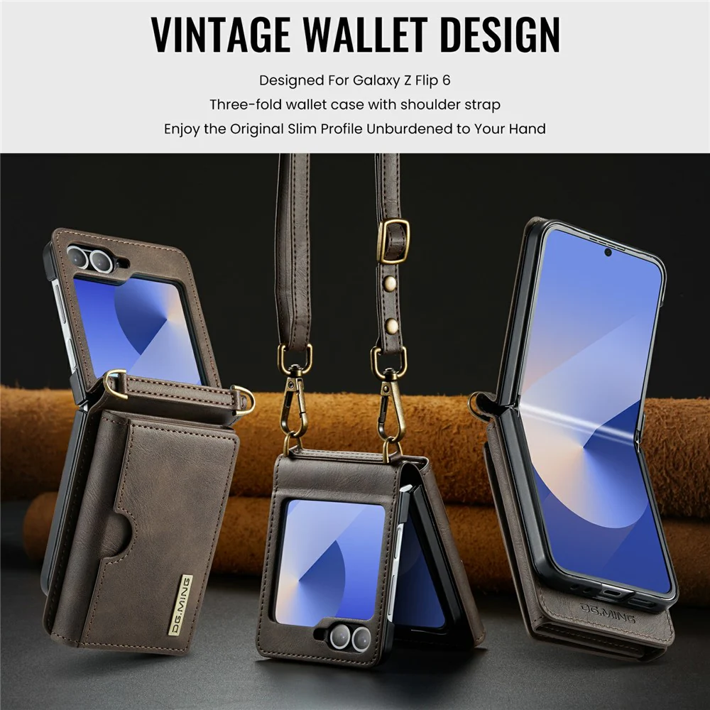 DG.MING M6 Series For Samsung Galaxy Z Flip6 5G / Z Flip7 FE 5G Foldable Case PU + PC Phone Cover with Wallet / Shoulder Strap - Coffee - Image 6