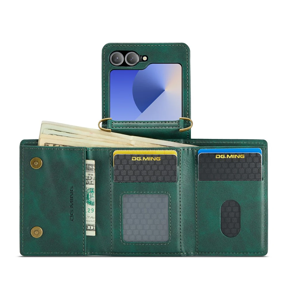 DG.MING M6 Series For Samsung Galaxy Z Flip6 5G / Z Flip7 FE 5G Foldable Case PU + PC Phone Cover with Wallet / Shoulder Strap - Green - Image 2