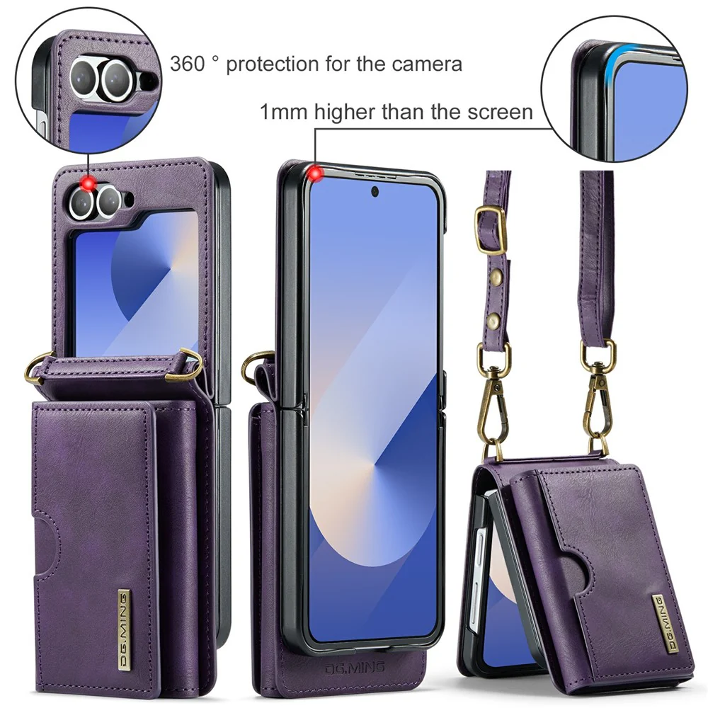 DG.MING M6 Series For Samsung Galaxy Z Flip6 5G / Z Flip7 FE 5G Foldable Case PU + PC Phone Cover with Wallet / Shoulder Strap - Purple - Image 7