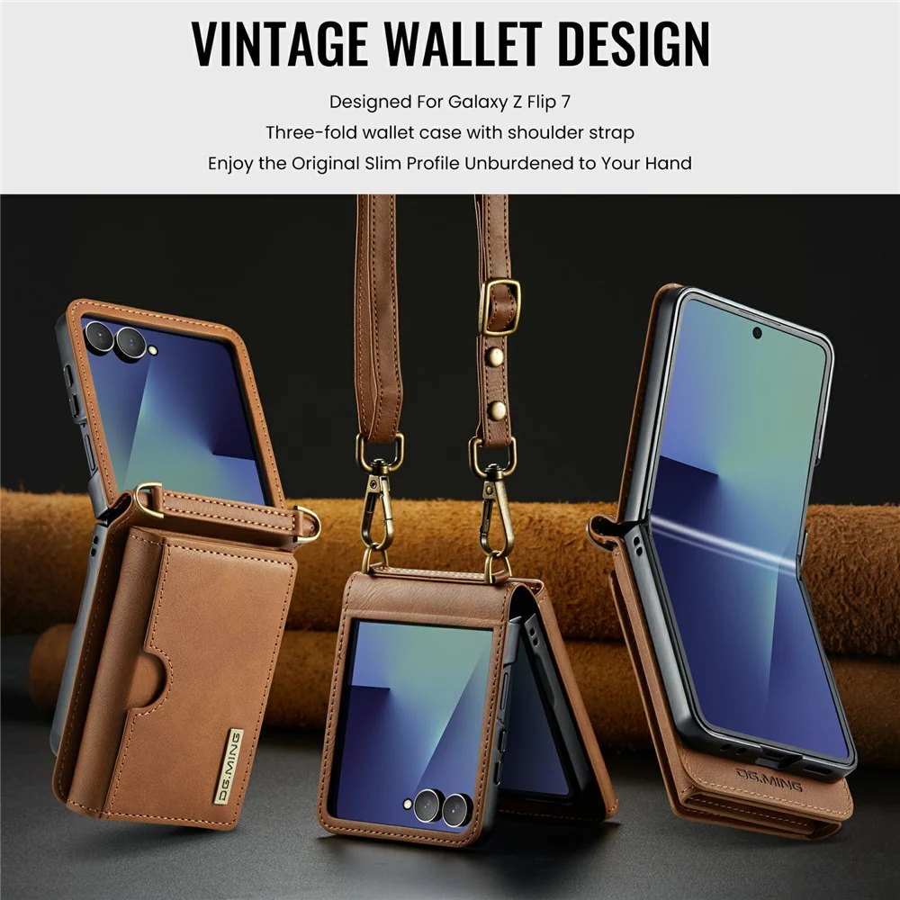 DG.MING M6 Series For Samsung Galaxy Z Flip7 5G Foldable Case PU + PC Phone Cover with Wallet / Shoulder Strap - Brown - Image 7