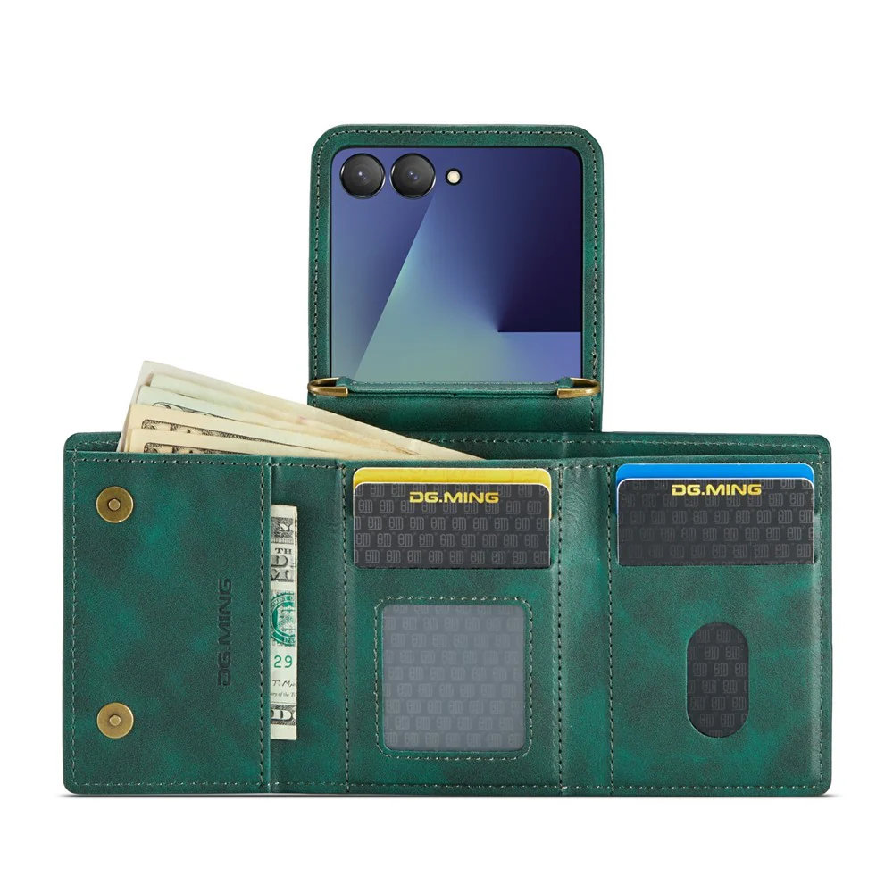 DG.MING M6 Series For Samsung Galaxy Z Flip7 5G Foldable Case PU + PC Phone Cover with Wallet / Shoulder Strap - Green - Image 2