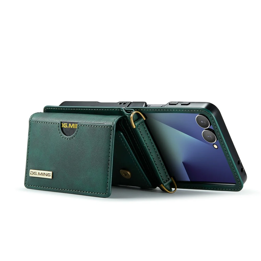 DG.MING M6 Series For Samsung Galaxy Z Flip7 5G Foldable Case PU + PC Phone Cover with Wallet / Shoulder Strap - Green - Image 3
