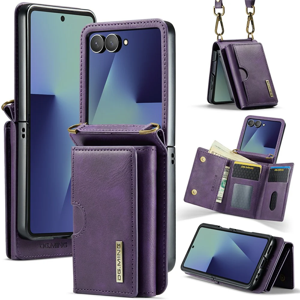 DG.MING M6 Series For Samsung Galaxy Z Flip7 5G Foldable Case PU + PC Phone Cover with Wallet / Shoulder Strap - Purple