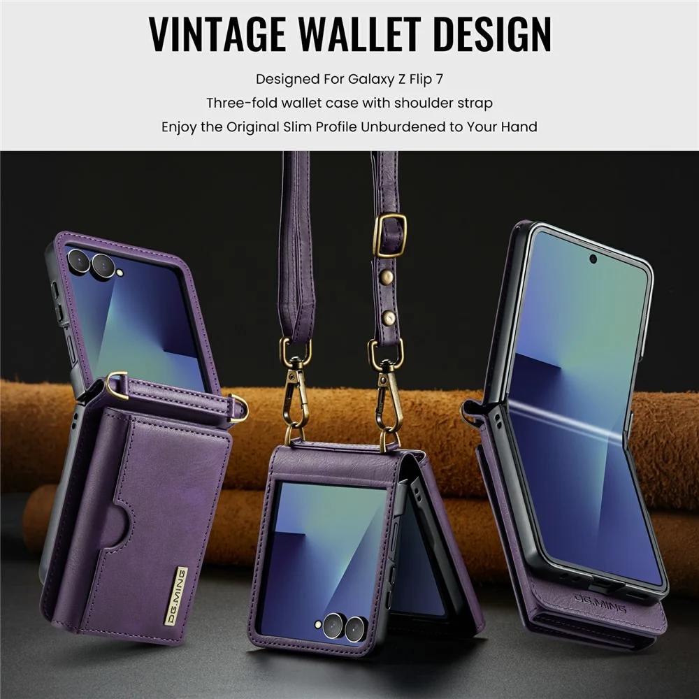 DG.MING M6 Series For Samsung Galaxy Z Flip7 5G Foldable Case PU + PC Phone Cover with Wallet / Shoulder Strap - Purple - Image 7
