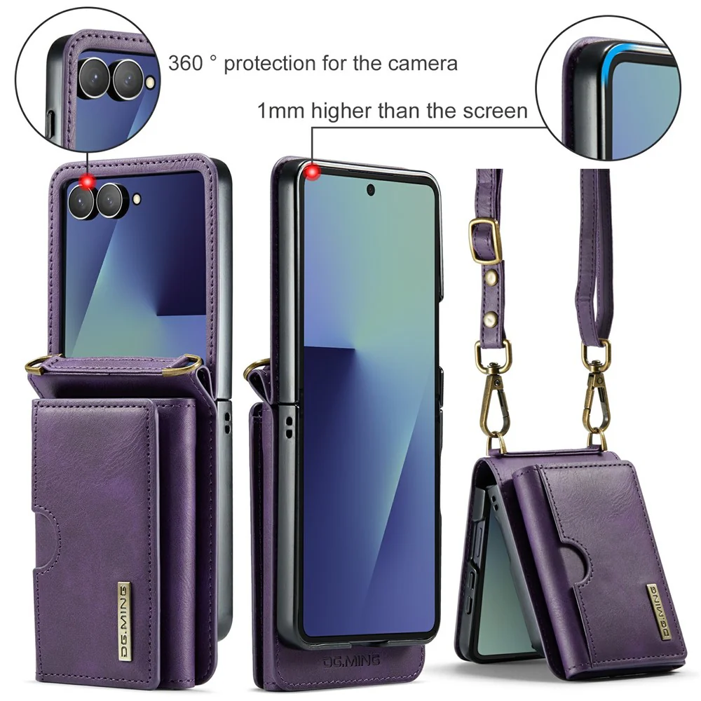 DG.MING M6 Series For Samsung Galaxy Z Flip7 5G Foldable Case PU + PC Phone Cover with Wallet / Shoulder Strap - Purple - Image 8