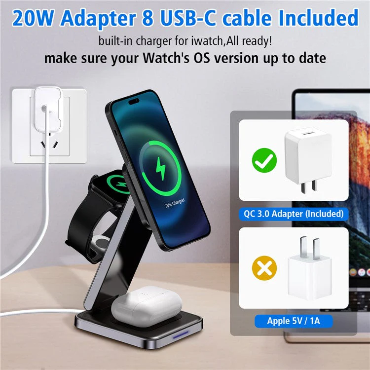 DH11 3-in-1 Foldable Charging Stand Phone Watch Earphone Zinc Alloy Magnetic Wireless Charger - Image 5