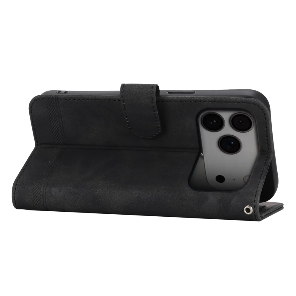 DIERFENG DF-03 For iPhone 17 Pro Max Case Lines Imprint Wallet Leather Phone Cover with Wrist Strap - Black - Image 2