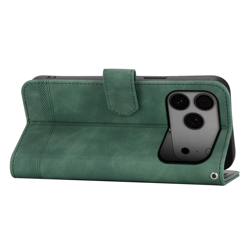 DIERFENG DF-03 For iPhone 17 Pro Max Case Lines Imprint Wallet Leather Phone Cover with Wrist Strap - Green - Image 2