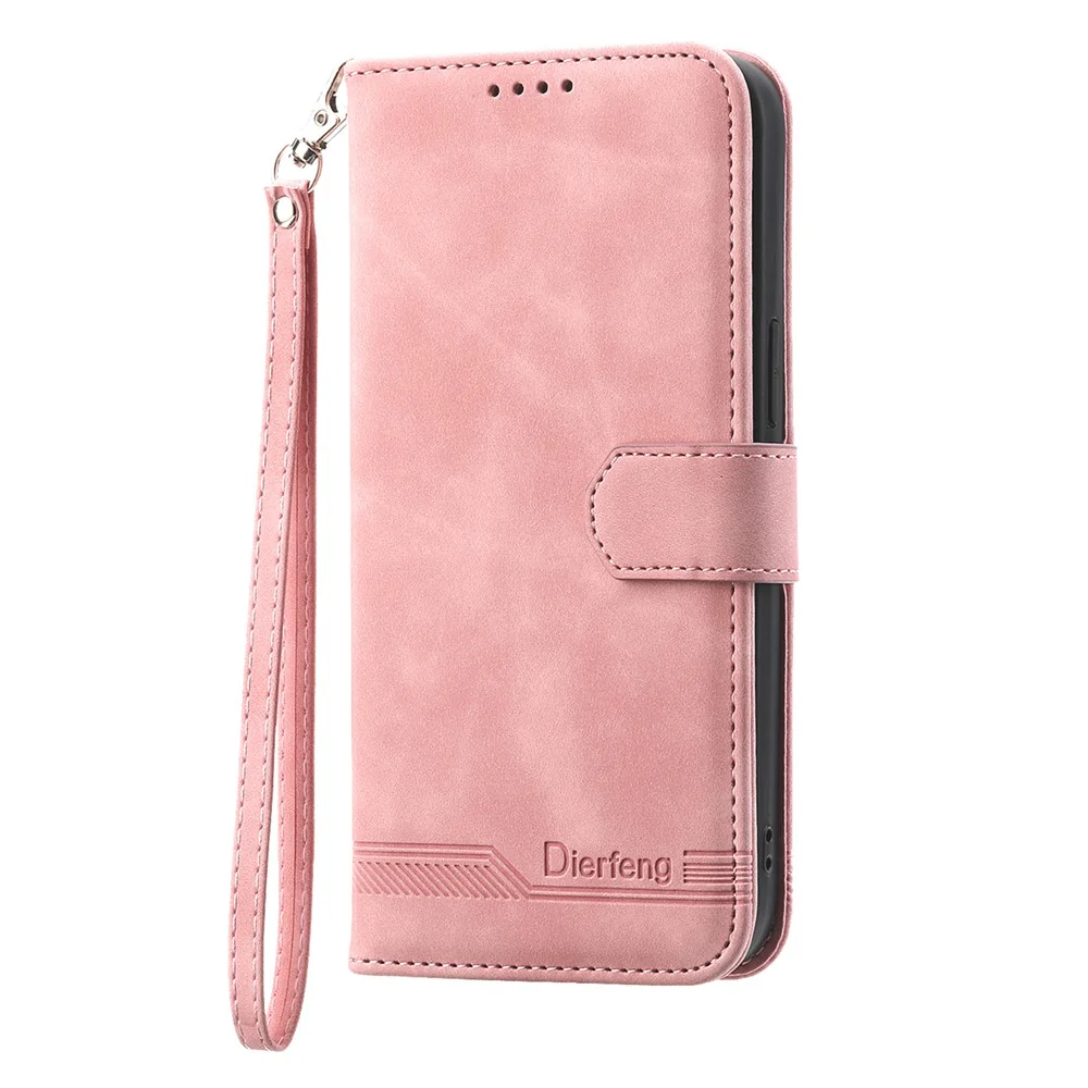 DIERFENG DF-03 For iPhone 17 Pro Max Case Lines Imprint Wallet Leather Phone Cover with Wrist Strap - Pink - Image 8