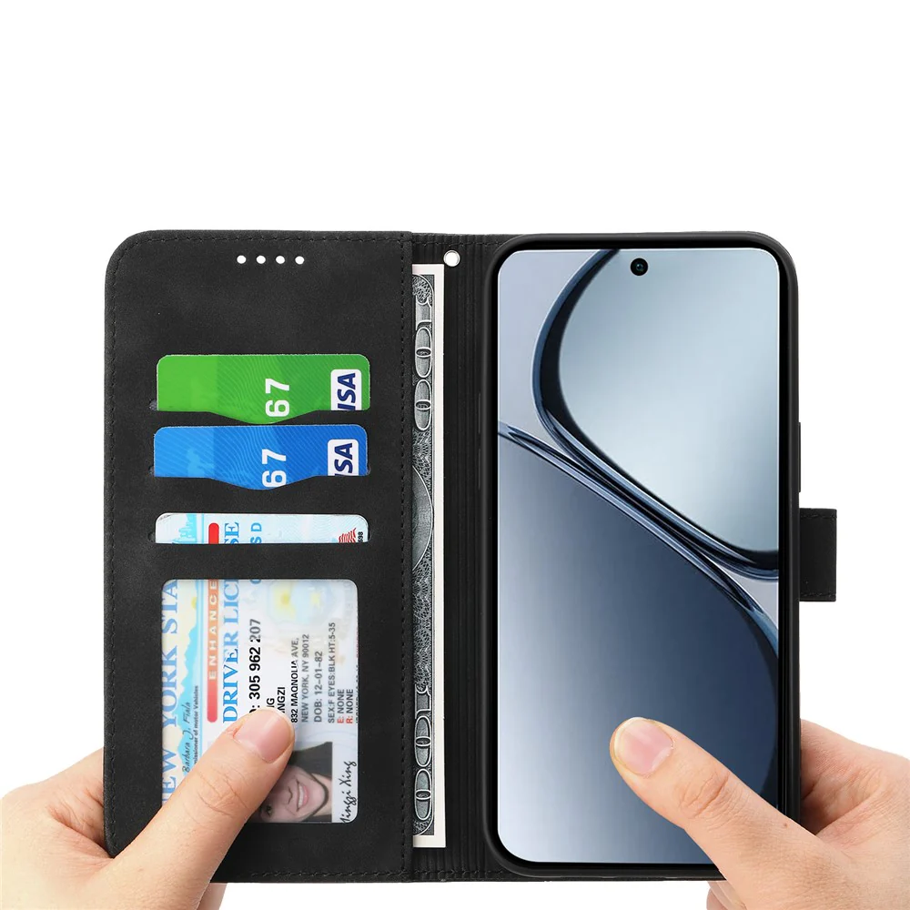 DIERFENG DF-03 For Oppo Reno14 Pro 5G (Global) Case Lines Imprint Wallet Leather Phone Cover with Wrist Strap - Black - Image 3