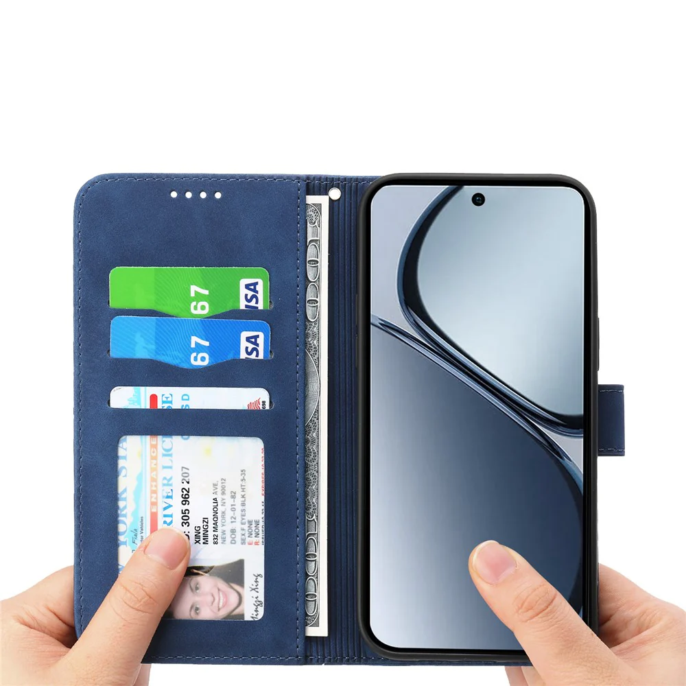 DIERFENG DF-03 For Oppo Reno14 Pro 5G (Global) Case Lines Imprint Wallet Leather Phone Cover with Wrist Strap - Blue - Image 3