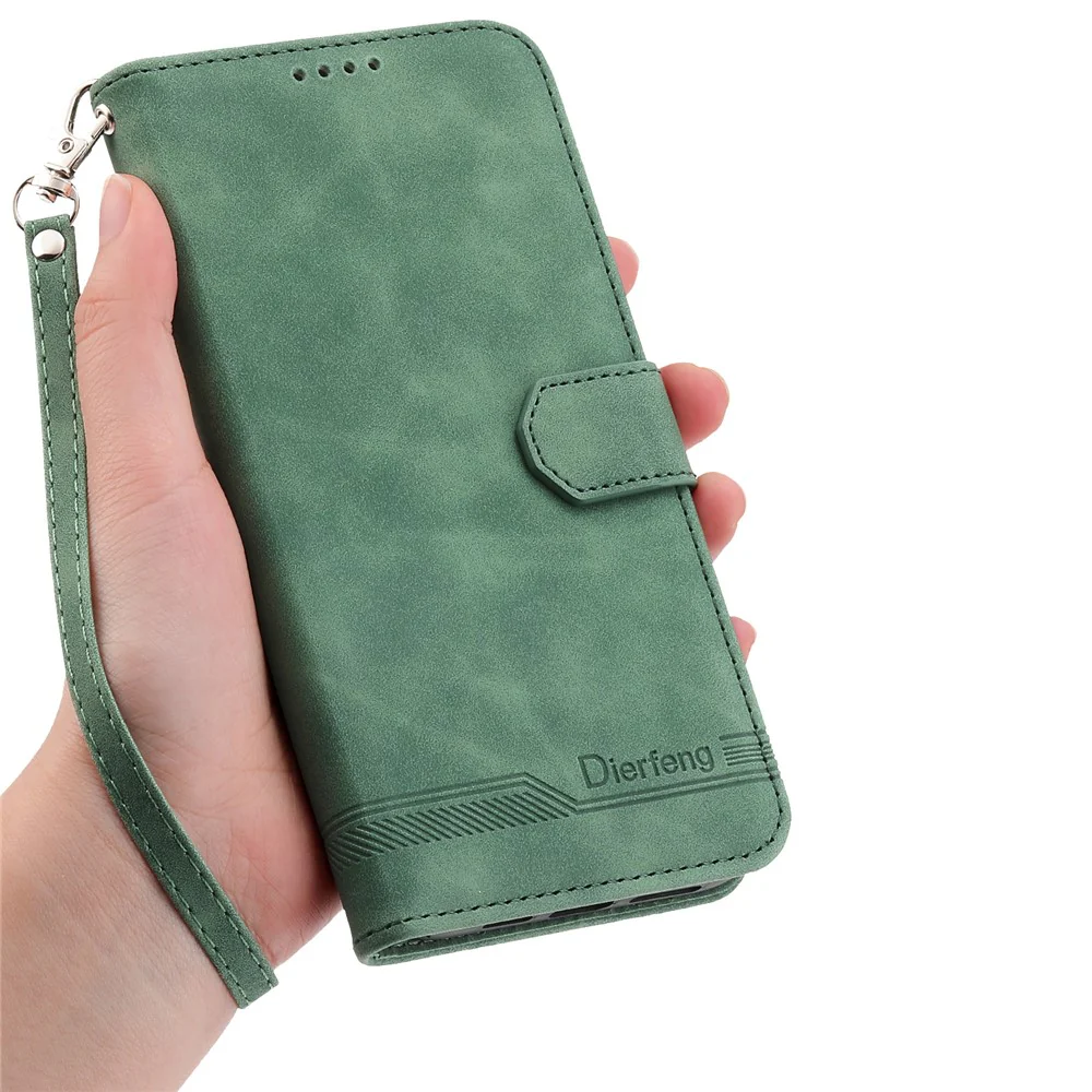 DIERFENG DF-03 For Oppo Reno14 Pro 5G (Global) Case Lines Imprint Wallet Leather Phone Cover with Wrist Strap - Green - Image 5