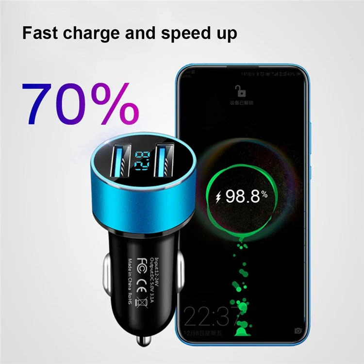 Dual USB Car Charger LED Ring Light Design 5V 3.1A Fast Charger Universal Car Phone Charger for Camera Tablets Laptops - Black - Image 3