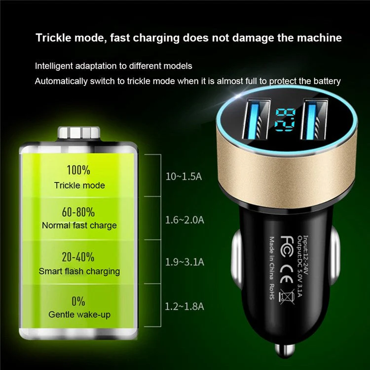 Dual USB Car Charger LED Ring Light Design 5V 3.1A Fast Charger Universal Car Phone Charger for Camera Tablets Laptops - Black / Silver - Image 5