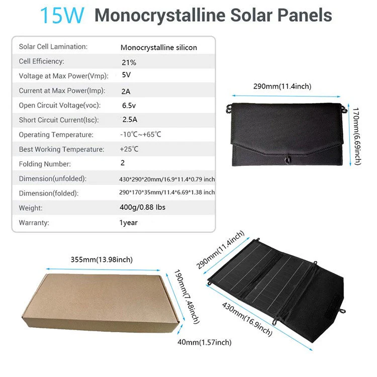 Dual USB Outputs Solar Panel Monocrystalline Silicon 15W Charger Folding Bag for Hiking Camping - Image 6