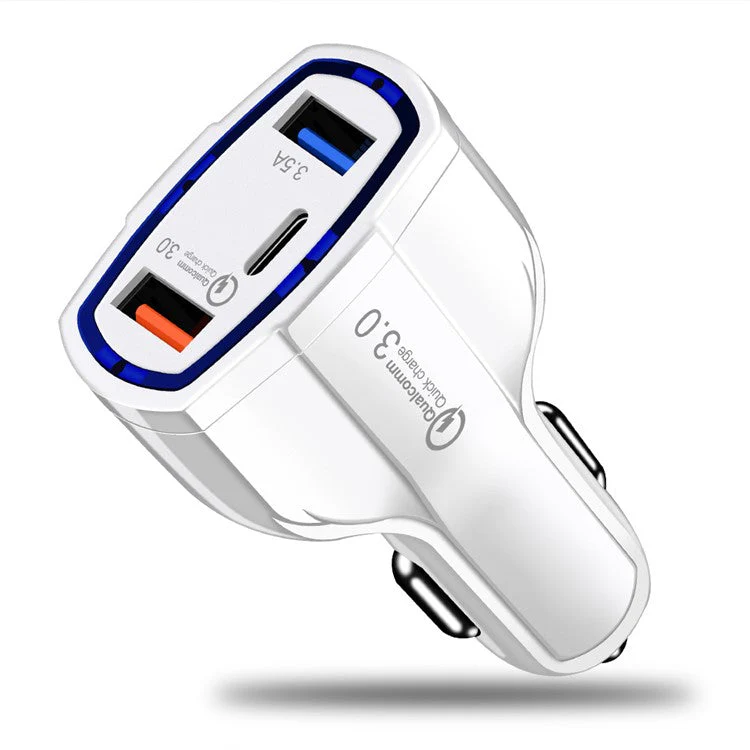 Dual USB QC 3.0 Type-C Fast Charging Car Charger Adapter for iPhone Samsung Huawei - White