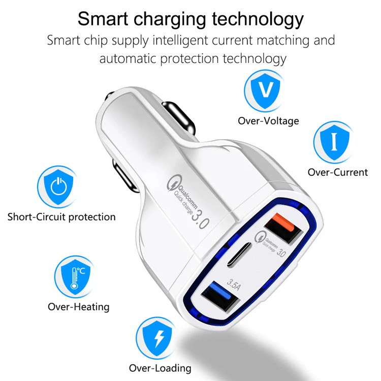 Dual USB QC 3.0 Type-C Fast Charging Car Charger Adapter for iPhone Samsung Huawei - White - Image 3