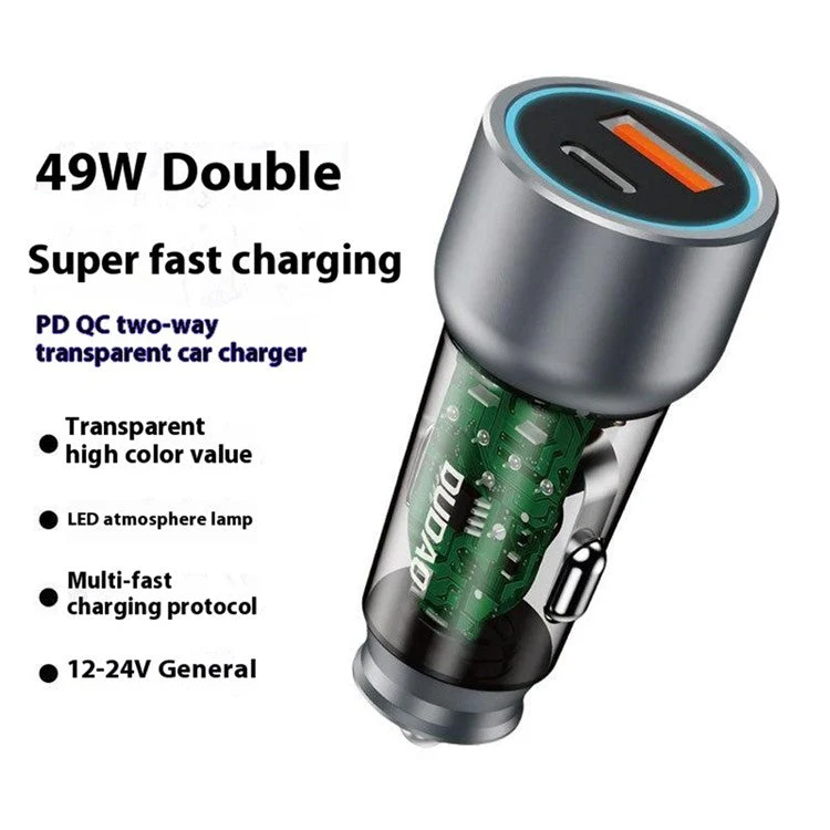 DUDAO R4T 49W Transparent Car Charger QC3.0 USB+Type-C PD Fast Charging Power Adapter - Image 2
