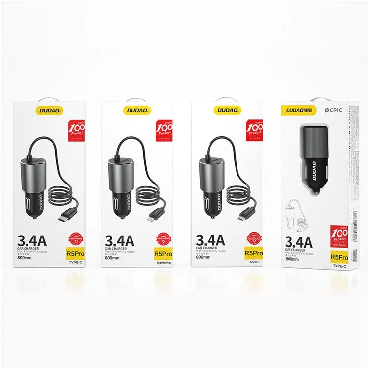 DUDAO R5Pro 3.4A USB Phone Charging Adapter Car Charger with Built-in Cable - Micro Cable - Image 6