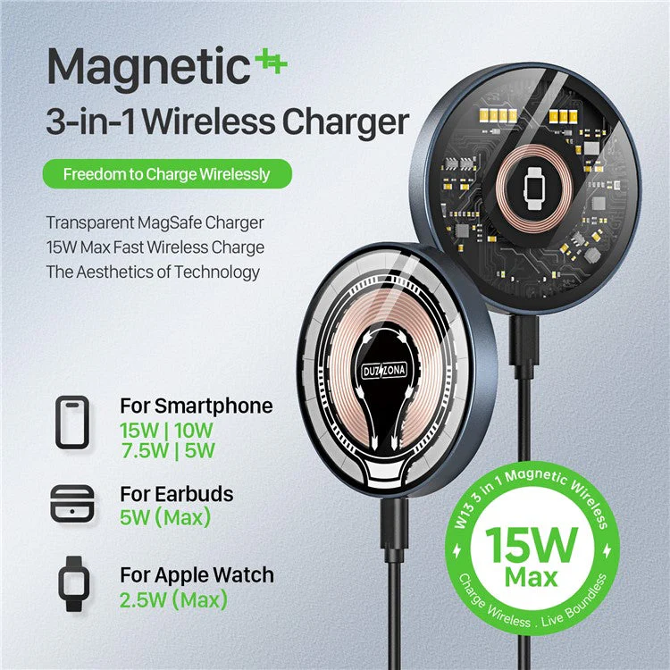 DUZZONA W13 Transparent 15W Max Fast Charging Magnetic Wireless Charger for iPhone 16 Series / Apple Watch 10 / AirPods 4 - Image 2