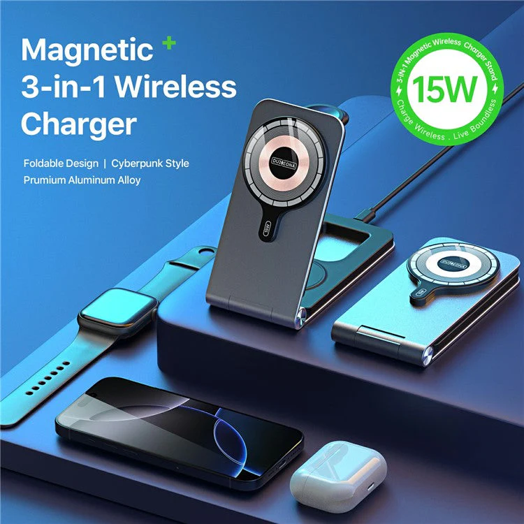 DUZZONA W22 15W 3-in-1 Magnetic Wireless Charger Folding Portable Phone Charger for Earbuds, iWatch - Image 2