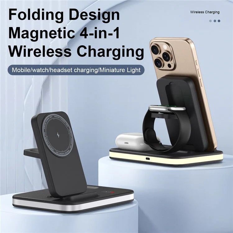 E16 Multifunction Foldable Wireless Charger Dock with Night Light for Mobile Phone / AirPods / Apple Watch - White - Image 3