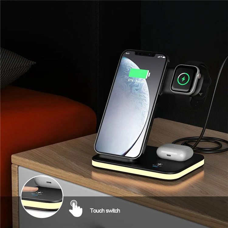 E6 4-in-1 15W Wireless Charger Phone Watch Earphone Charging Stand Night Light - Black - Image 4