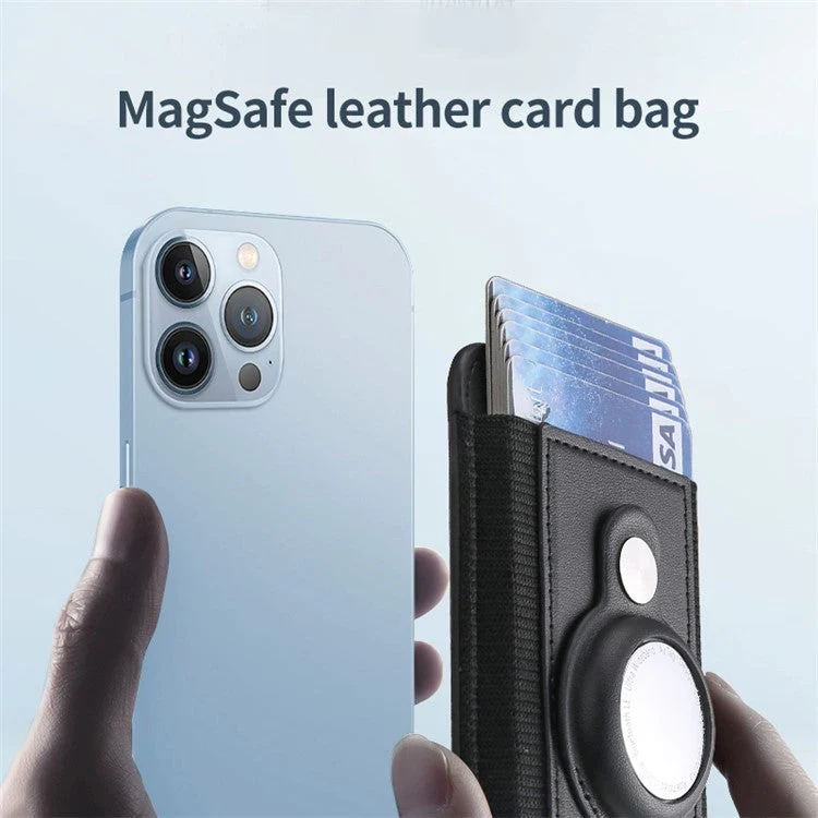 Elastic Band PU Leather Phone Back Card Bag Compatible with MagSafe Protective Case for AirTag - Dark Green - Image 3