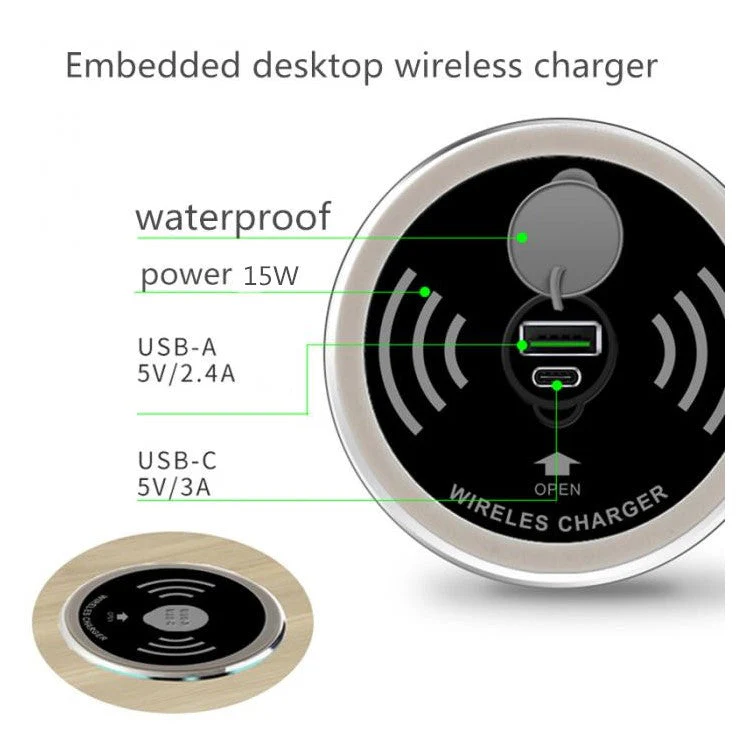 Embedded Desktop Wireless Charger 15W with USB-A and USB-C Charging Port - Image 7