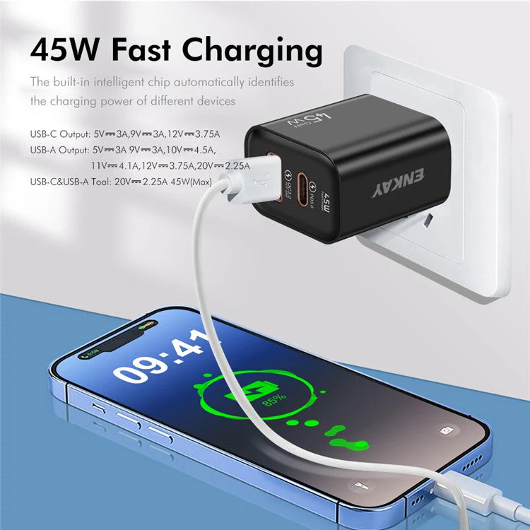 ENKAY ENK-FC001 45W USB-A + Type-C Dual Port Wall Charger Power Adapter - Light Green - Image 3
