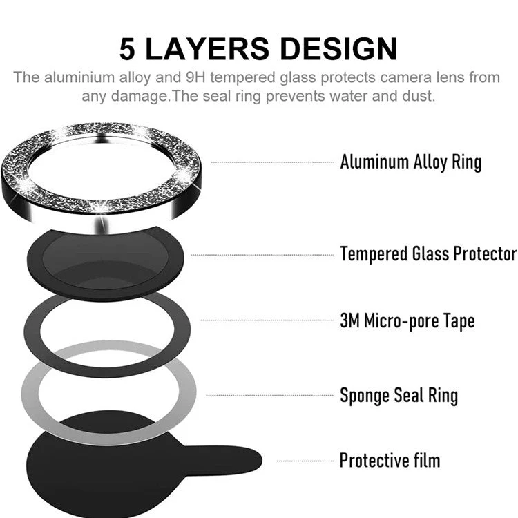 ENKAY HAT PRINCE Camera Lens Film for iPhone 14 6.1 inch / 14 Plus, 1 Set Glitter Decor Tempered Glass Aluminum Alloy Lens Protector - Black - Image 3
