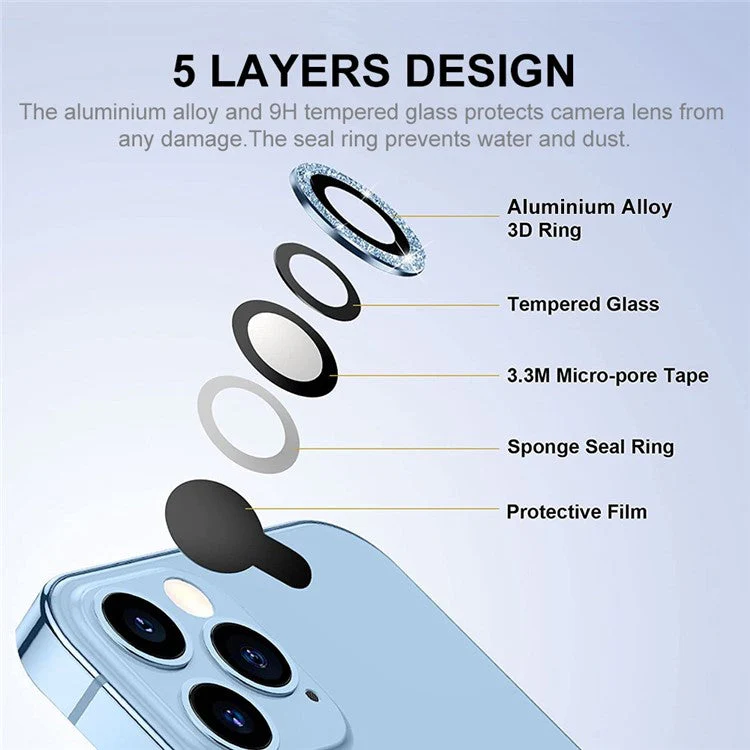 ENKAY HAT PRINCE For iPhone 13 Pro 6.1 inch / 13 Pro Max 6.7 inch 1 Set Camera Lens Film Glitter Decor Lens Protector - Blue - Image 3