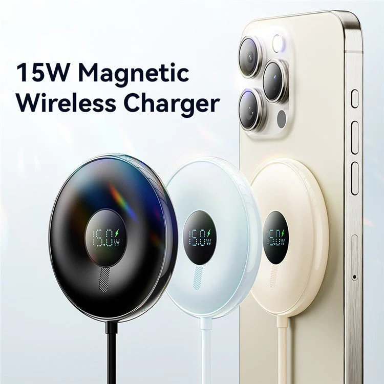 ESSAGER 15W Fast Charging Circular Magnetic Wireless Charger with Digital Display - Beige - Image 2