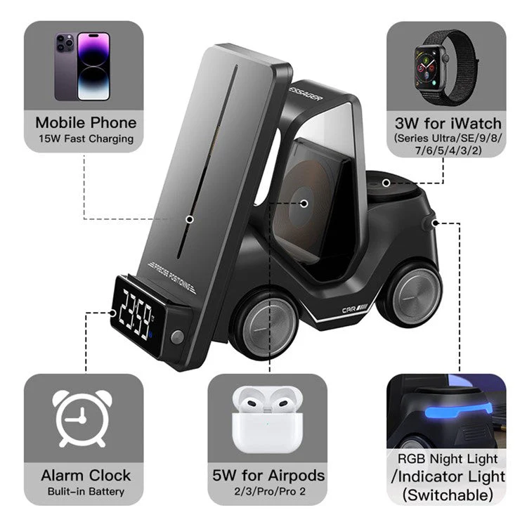 ESSAGER 15W Wireless Charger Desktop Forklift Shape Decoration Alarm Clock - Yellow - Image 8