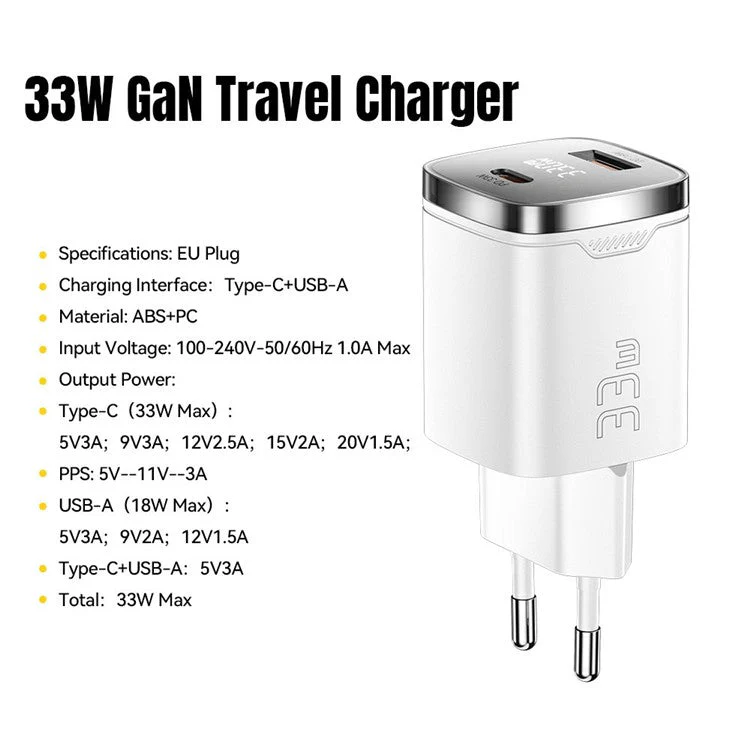 ESSAGER 33W Fast Charging Digital Display USB A + Type C Dual Port GaN Travel Charger - EU Plug / White - Image 2
